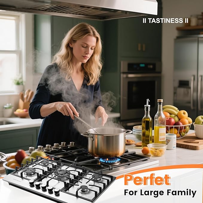 30 inch Gas Cooktop, Stove Top with Built-in 5 Burners, 304Stainless Steel Bulit-in Kitchen Stove, NG/LPG Convertible Gas Stovetop with Thermocouple Protection