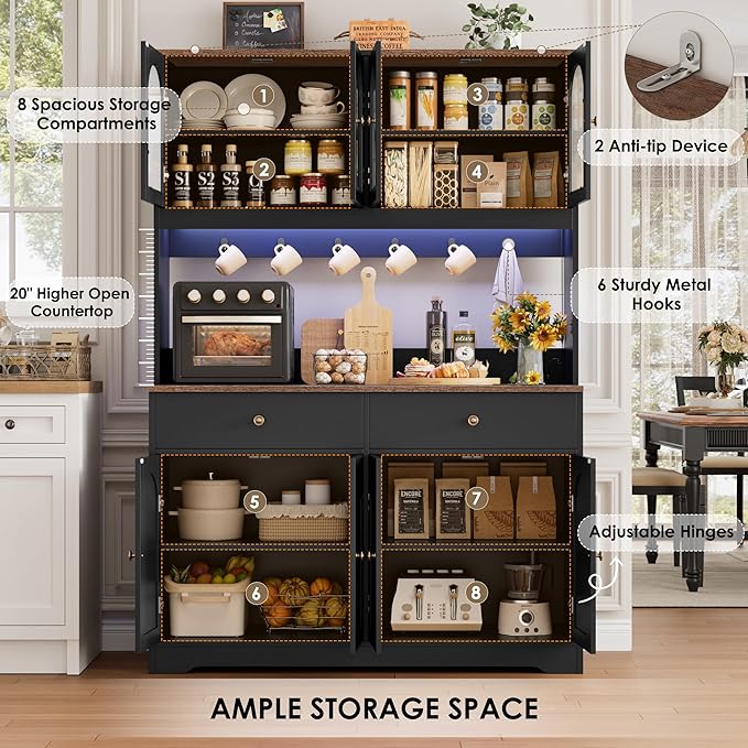 HIFIT 71" LED Kitchen Pantry Cabinet with Power Outlet, Large Kitchen Hutch Storage Cabinet with Arched Door & Shelves & 2 Drawers, Tall Farmhouse Coffee Bar w/Hutch for Home Dining Living Room, Black