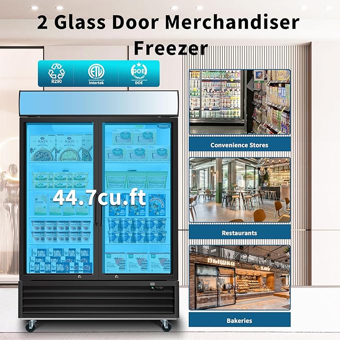 Glass Door Merchandiser Freezer 44.7 Cu.ft Swing Door Commercial Reach-In Display Freezers with LED Top Panel Upright Freeze Storage (2 Door)
