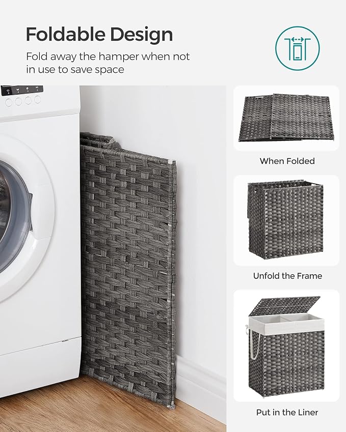 SONGMICS Laundry Hamper with Lid, 110L Double Wicker Basket, 6 Mesh Bags - Image 8