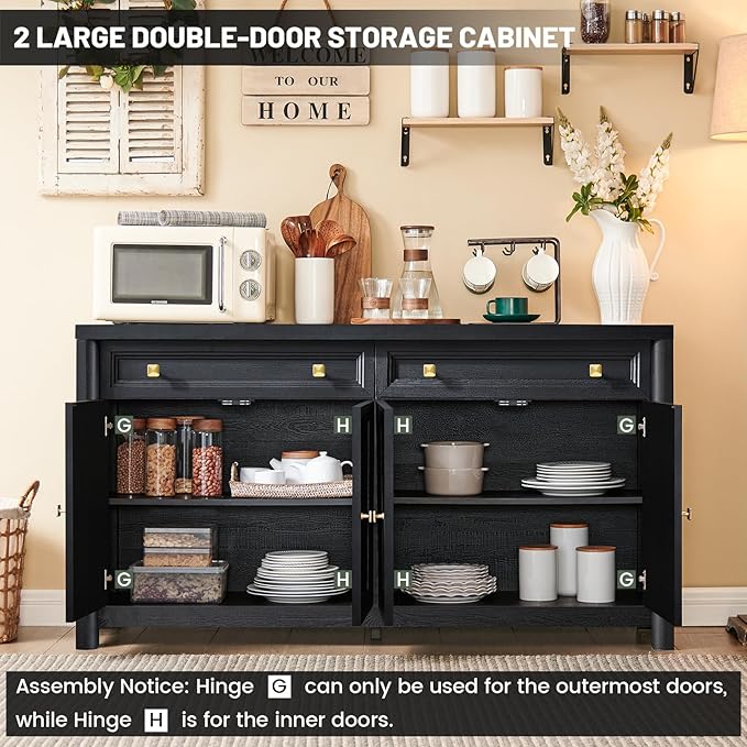 Farmhouse Buffet Cabinet, 59" Large Sideboard Buffet Credenza Storage with Shelves & 4 Doors, Rustic Wood Coffee Bar Console for Kitchen, Living Room, Black