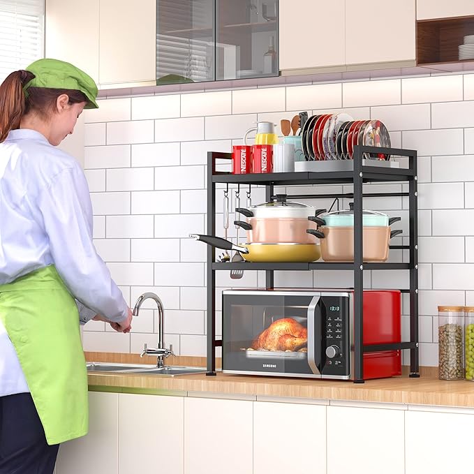 PUSDON Microwave Oven Rack, Adjustable Heavy Duty 3-Tier Shelf with 3 Hooks for Kitchen Counter Top Organizer, Holds 160lbs, Black