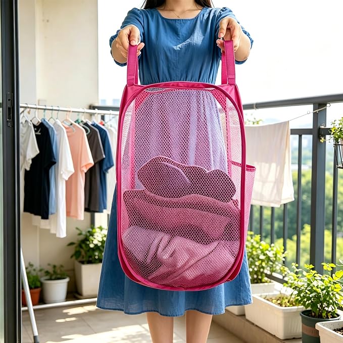 Larpur Popup Laundry Basket, Collapsible Portable Mesh Clothes Washing Laundry - Image 3