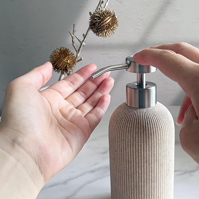 Sand Beige Soap Dispenser with Stainless Steel Pump, 11oz | Luxury Farmhouse - Image 9