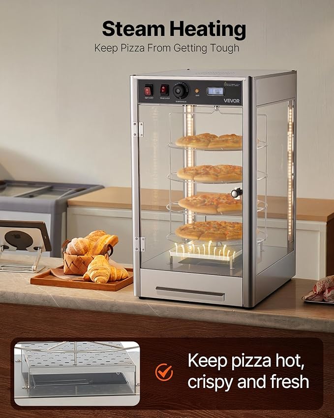 VEVOR Commercial Food Warmer Display, 4-Tier Pizza Warmer with Rotary Steam Heating for 14 in Pizza, 86℉~185℉ Temperature Control and Temp Display, 25W Oven Light + Top LED for Pizza Shop, Restaurant