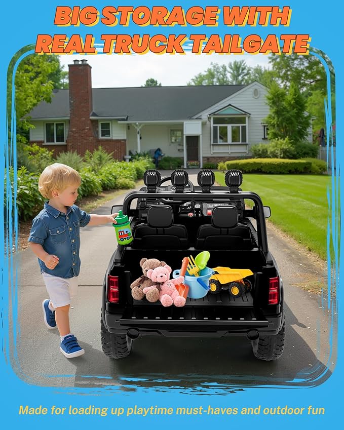 ENYOPRO 24V Ride on Toys for Big Kids, Licensed RAM 1500 RHO 2 Seater Toddlers Ride on Car w/Remote Control, Kids Electric Car w/Truck Bed Storage, Real Tailgate, Bluetooth, USB, LED Lights (Black)