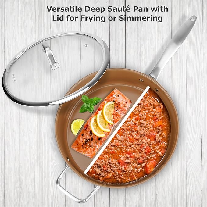 Duxtop Ceramic Non-stick Sauté Pan, Induction Stainless Steel Sauté Pan, 5.5-Qt Deep Skillet with Lid, Professional Grade and Impact-bonded Technology, FUSION Ti, Copper