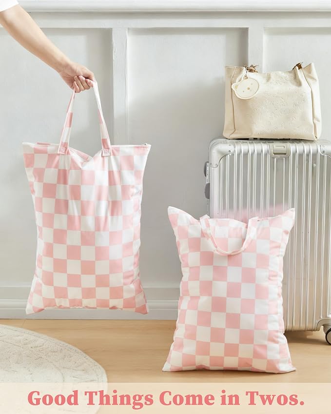 Ohocut Pink Checkered 2 Pcs Large Travel Laundry Bags - Image 3