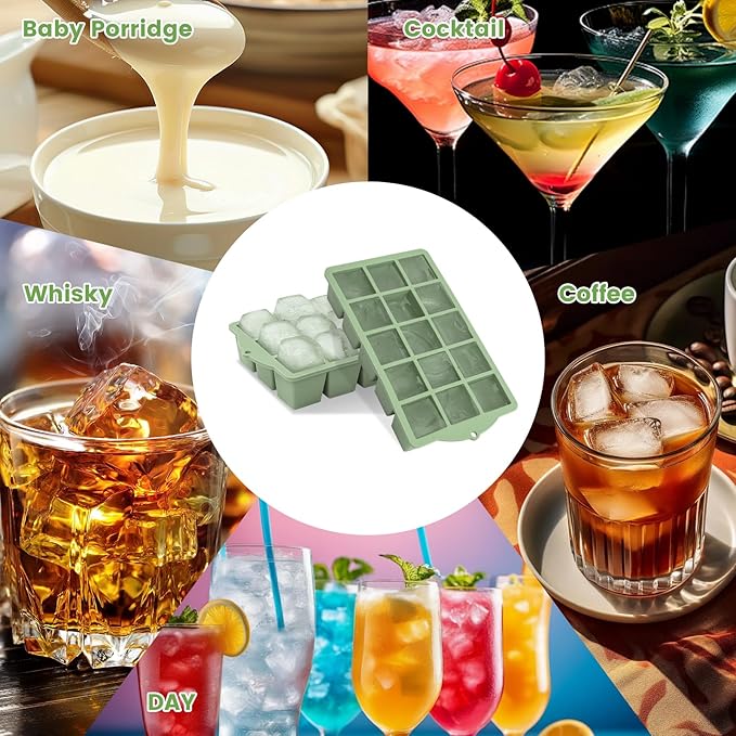 Silicone Ice Cube Tray, 2 Pack Easy-Release Stackable Ice Trays for Freezer with Lid 15 Reusable Cubes, Food Grade BPA Free Ice Molds for Whiskey, Baby Food, Coffee, Cocktail, Drinks (Green)