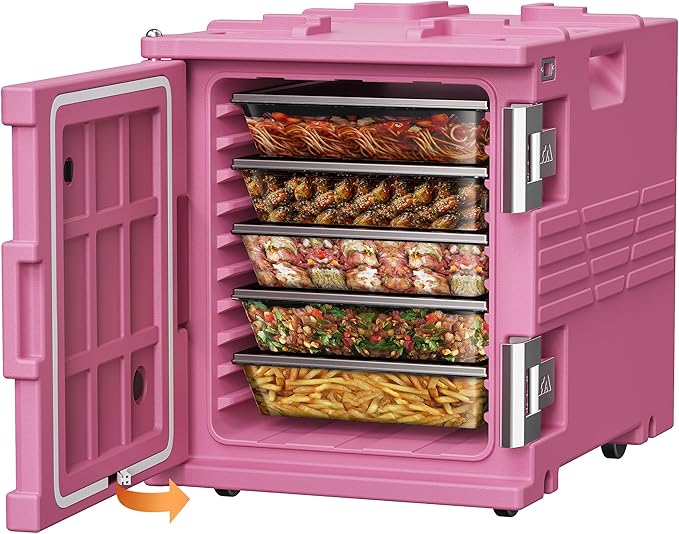 Pink 82QT Non-Electric Hot Box Food Warmer with Wheels, 304 Stainless Steel Latch, Insulated Food Carrier for 5 Full-Size Pans(NOT Included), Food Warmer Box Hot Boxes for Catering