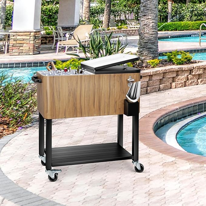 EDOSTORY 80 Quart Rolling Ice Chest Cooler Cart,Patio Backyard Party Drink Beverage Bar Stand Up Cooler Trolley with Ice Scoop