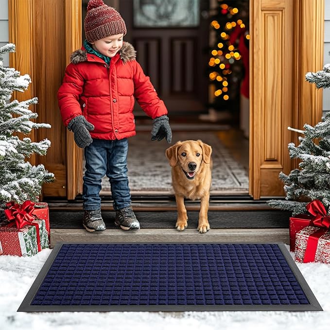 Smiry Front Door Mat Outside Entrance, Heavy Duty Natural Rubber Doormat, Non Slip, Trap Dirt and Moisture, Easy Clean, Low Profile Welcome Floor Mats for Indoor Outdoor Entry, 47x32 Inch, Navy Blue
