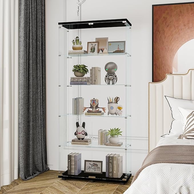 74" H 5-Shelf Glass Display Cabinet with Double Door, Modern Curio Cabinet Collection Display Case, Floor Standing Bookshelf Glass Case with Lock for Living Room,Home Office (Black)