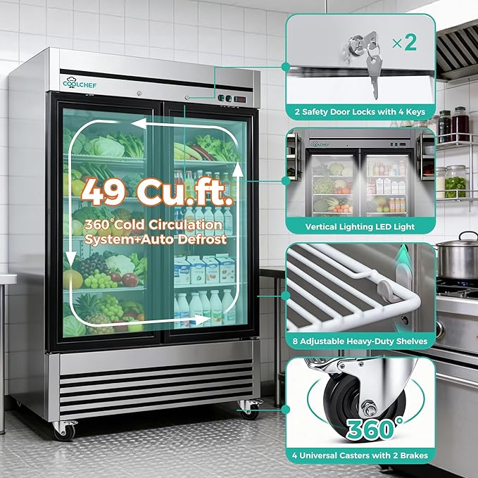 54" Commercial Glass Door Refrigerator, 49 Cu.Ft Double-Door Reach-In Cooler, 33–40℉, Double-Layer Low-E Glass, 8 Shelves, R290