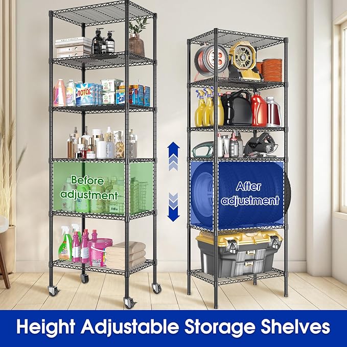Adjustable 6-Tier Heavy Duty Wire Shelving Rack, 14" D x 24" W x 71" H Storage Shelves with Wheels, 750 lbs Capacity Rolling Metal Shelving for Garage, Pantry, Kitchen, Closet
