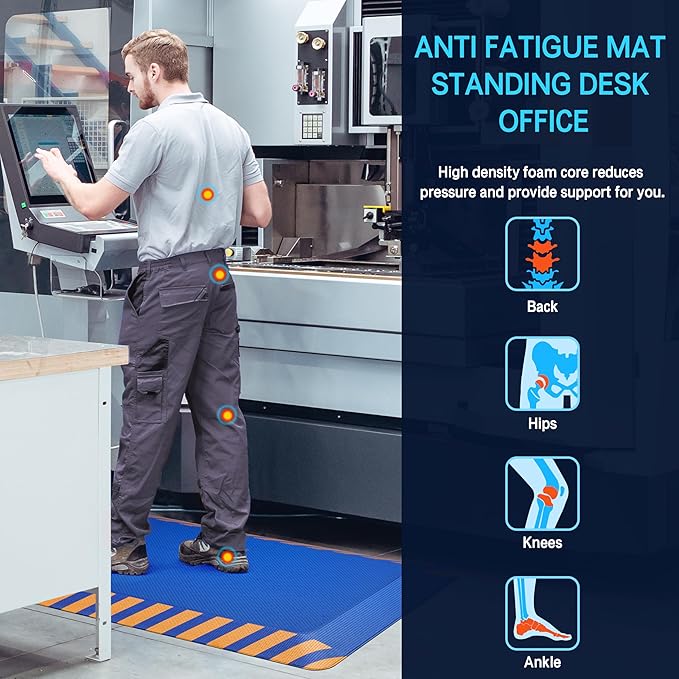 FEATOL Anti Fatigue Mat Industrial, Ergonomic Standing Floor Mat for Work for Stand -Safety Support for Leg & Back Pain(Blue with Yellow Border, 20" x 59", 1PC)