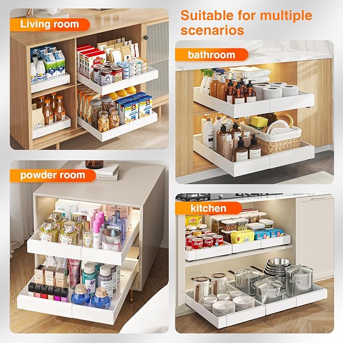 LEGUANG 2 Pack Expandable Pull-Out Cabinet Organizers (12.6-20.4" W x 21" D) - Upgraded 3 Quiet Slide Rails, Nano-Film Adhesive Fixing, White, Fit Kitchen/Living Room/Bathroom/Vanity