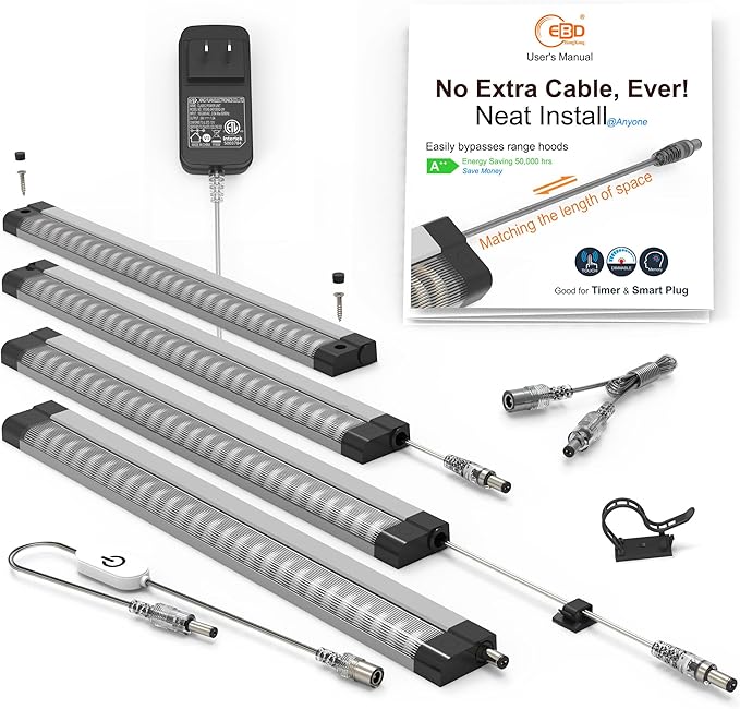 LED Under Counter Lights for Kitchen Touch Under Cabinet Lighting Built-in Adjustable Cable No MESSY Wires! 4 Pcs Cabinet light 3000K 1800Lm Super Bright Good for Garage Pantry Closet Timer Smart Plug