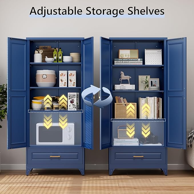 75” Kitchen Pantry Storage Cabinet,Metal Tall Storage Cabinet with Drawers and Adjustable Shelves,Modern Kitchen Hutch Cabinet,Freestanding Cupboard for Living Room,Blue
