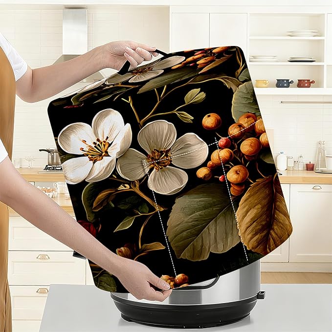 Kitchen Appliance Accessories Dust Cover for 3-6-8 Quart Instant Pot, Pressure Cooker, Air Fryer & Crock Pot,Decorative Appliance Cloth Cover with Top Handle & Storage Pockets (White flower, 8 Quart)