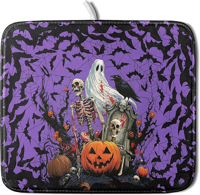 Giwawa Halloween Pumpkin Dish Drying Mat 16x18 inch Spooky Ghost Bat Dish Rack by Giwawa