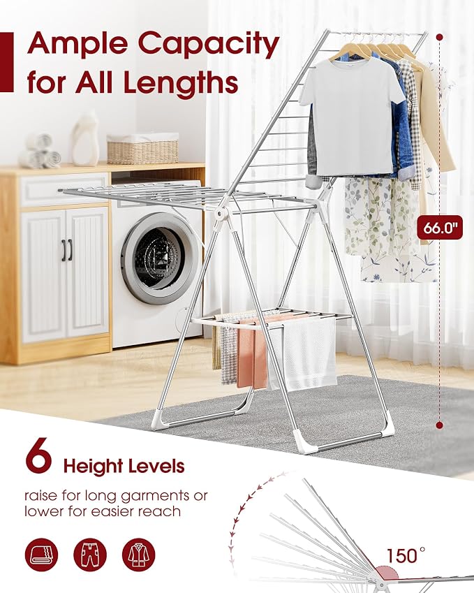 Sakugi Clothes Drying Rack, 69.5" Adjustable Wings, Foldable Design | Laundry - Image 2