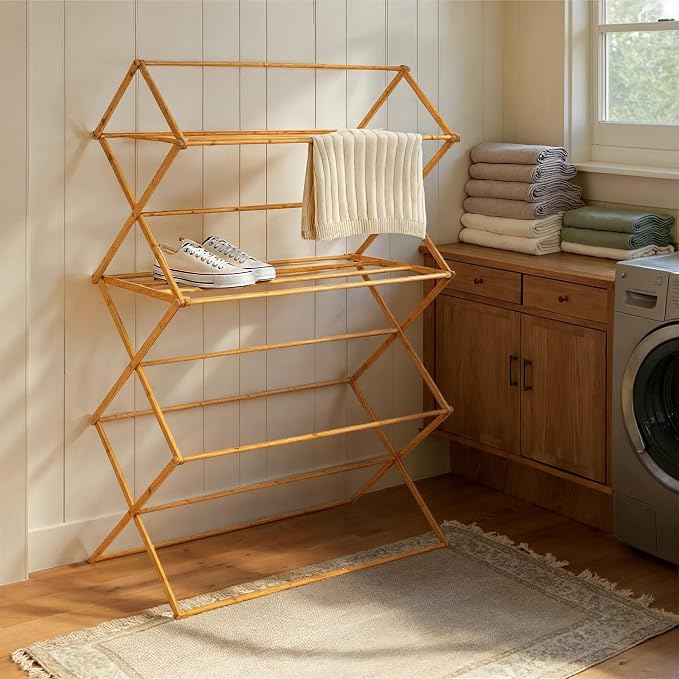Household Essentials Bamboo Oversized Clothes Drying Folding Rack, Upscale - Image 7