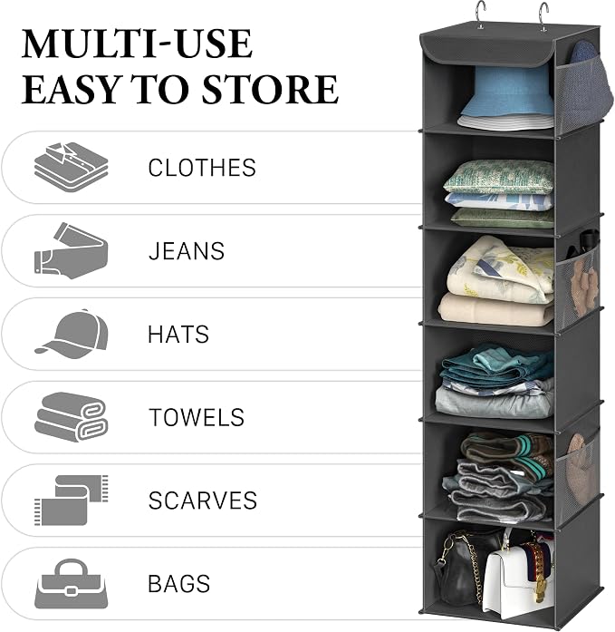 Simple Houseware 6 Shelf Hanging Closet Organizer, Dark Gray | 360° Rotating - Image 5