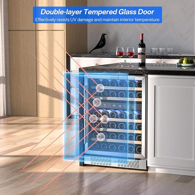 Empava 24" Wine Cooler Refigerator, Freestanding or Under Counter Fridge with Lights, 46 Bottles Capacity Dual Zone, Touch Control, Stainless Steel