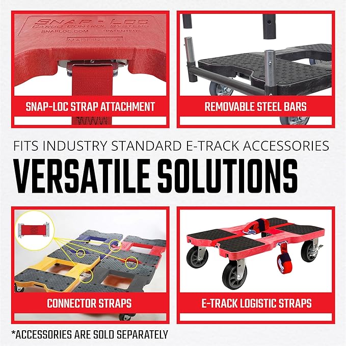 SNAP-LOC, All Terrain 4 Wheel Heavy Duty Dolly Cart, 6 Inch Casters, E Strap Attachment Included, 1,500 lb Capacity, Made in USA, Red