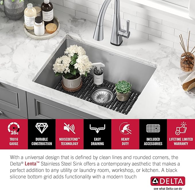 DELTA FAUCET Delta Lenta 24-inch Undermount 16 Gauge Stainless Steel Single Bowl Laundry Utility Kitchen Sink with Accessories, 953034-24SL-SS, Satin