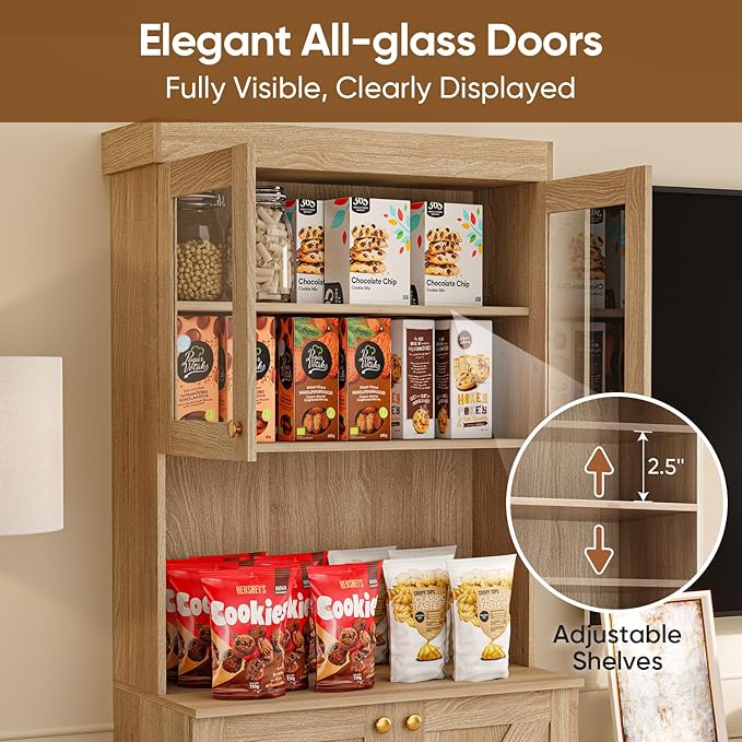71" Farmhouse Kitchen Pantry, Rustic Brown Coffee Bar Hutch with Microwave Stand, Glass Door Storage Cabinet with Drawers and Adjustable Shelves for Kitchen or Living Room, Set of 3