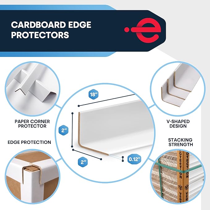 Cardboard Corners for Packing - 2"W x 2"D x 18"L, Light Duty .120 ga, Pallet Box Corner Protectors, Angle Boards, White, 50/Pack