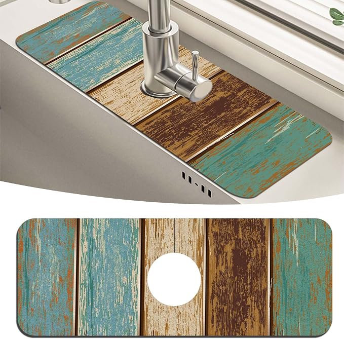 MCALK Wood Pattern Teal Kitchen Sink Faucet Mat Splash Guard, Absorbent by MCALK