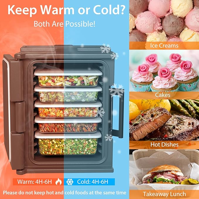 COSTWAY Insulated Food Pan Carrier, 95 Qt Hot Box Catering for 6 Full-Size Pan, Stackable Design, Fastener, Portable Front-Loading Food Warmer for Family Gathering, Buffets, Restaurant, Grey (3)