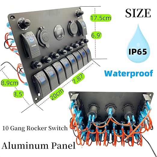 10 Gang Rocker Switch Panel with Breaker for Marine Boat RV Truck (Blue): Voltmeter, Reset Circuit Breaker, 4.2A Car Cigarette Lighter Socket, Dual 12V 24V USB Charger & Control Toggle Switch
