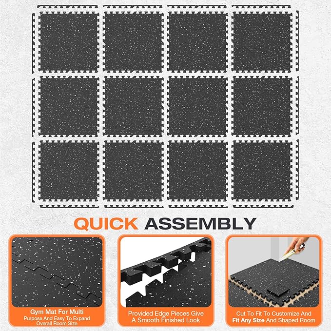 0.4'' Thick 12 Pcs 48 Sq Ft Non-Slip Rubber Top Exercise Equipment Mats, High Density EVA Foam Mats with Rubber Top, Interlocking Puzzle Gym Flooring for Home Gym, Workout Floor Mats, Black