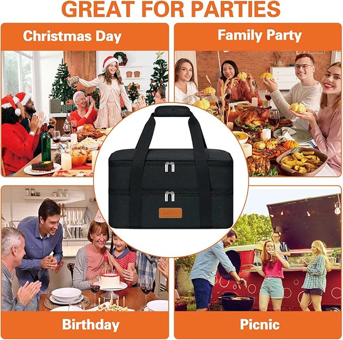 LHZK Double Insulated Casserole Carrier, Expandable Casserole Carriers for Hot or Cold Food, Insulated Food Carrier for Travel, Parties, Picnic, Fits 11 x 15 or 9 x 13 Baking Dish (Black)