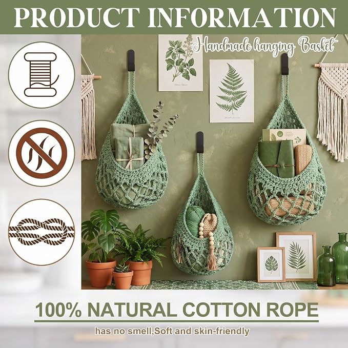 Honeydak 3 Hanging Baskets, Sage Green, Cotton Rope - Image 3