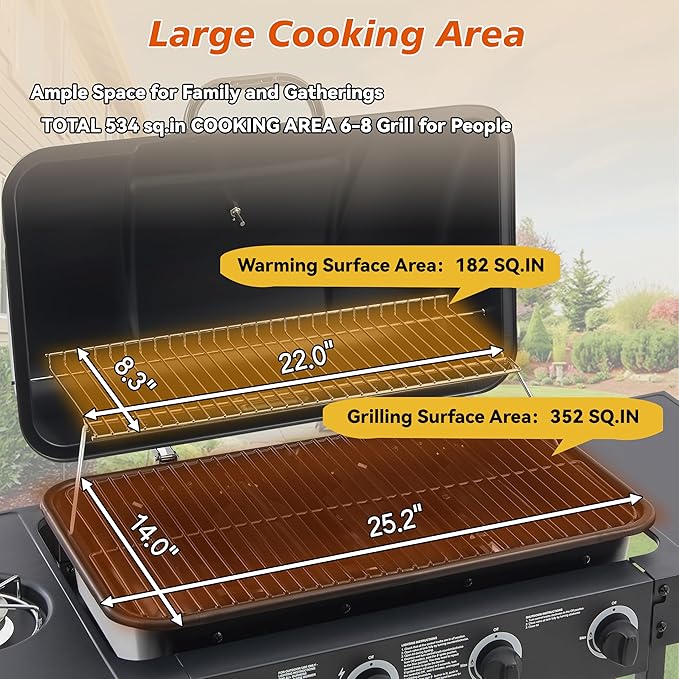 4 Burner Propane Gas Grill, 42,000 BTU Gas Grill with Side Burner, BBQ Grill with Cast Iron Grates, Stainless Steel Frame, 534 Sq In Cooking Area, Outside Grill for Patio Backyard, Patio