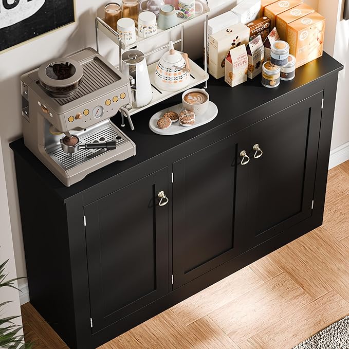 Cozy Castle Buffet Cabinet with Storage - Kitchen Storage Cabinet Wood Console Table Coffee Bar Accent Cabinets for Living Room Dining Room Entryway Black 44.5" W
