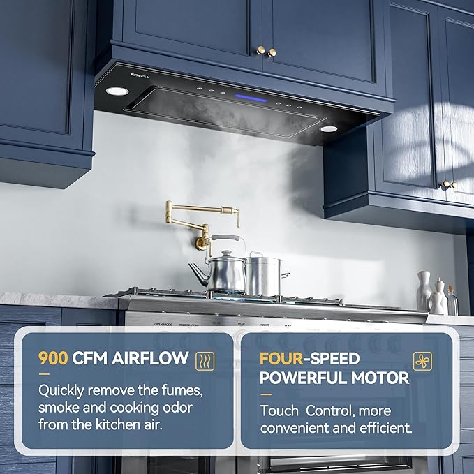 EKON New 30'' Built-in/Insert Range Hood, 900 CFM tempered glass with Touch Control, Ducted/Ductless Convertible, 2 Pcs Adjustable Lights