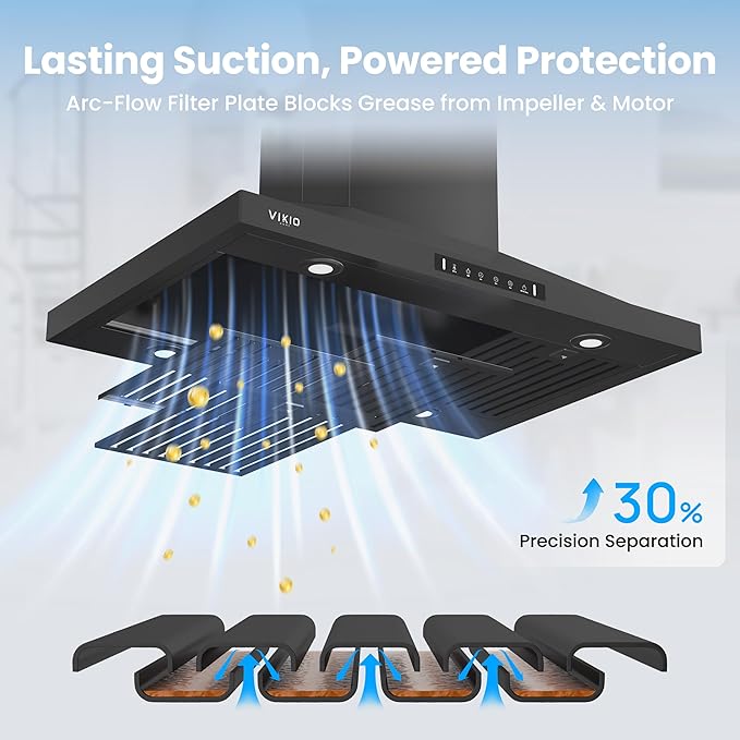 Island Range Hood 36 Inch, 390 CFM kitchen Hood with Dual-Sided Touch/Gesture Control, Ceiling Mount Kitchen Vent Hood, Convertible Ducted/Ductless, 3-Speed Fan&4 LED Lights, 3 Baffle Filters, Black