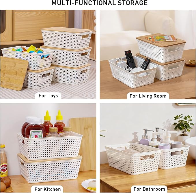 Small Storage Bins with Lids 6 Packs, Plastic Storage Basket with Bamboo Lid - Image 5