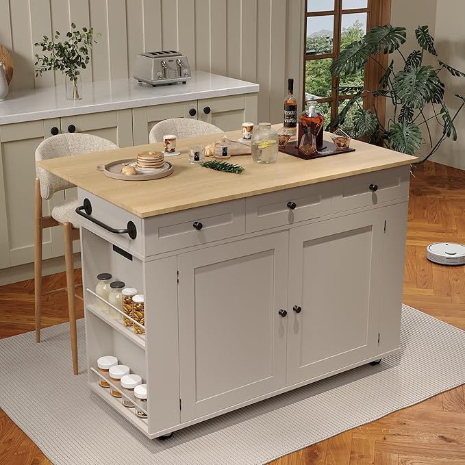 47.2 in Mobile Kitchen Island with Drop Leaf Countertop, Charging Station & Ample Storage, Rolling Kitchen Cart on Wheels with Pull-Out Shelves, Drawers, Spice Rack & Organizer Divider (Gray-1)