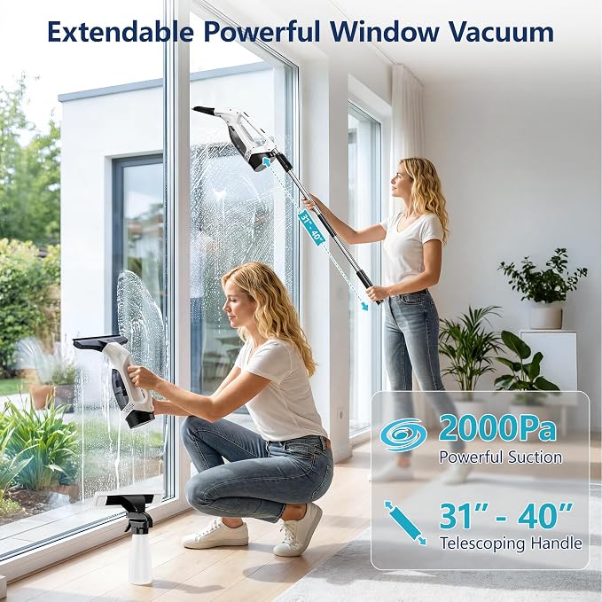Window Vacuum Squeegee with Long Handle, 2000Pa Electric Window Squeegee | with - Image 2