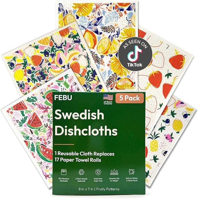 FEBU Swedish Dishcloths for Kitchen, 5 Pack, Fruit Pattern by FEBU