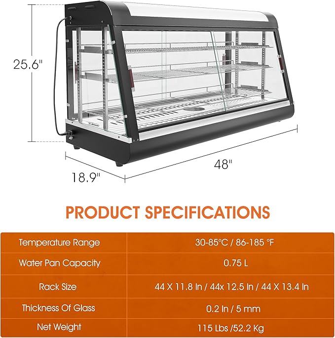 Countertop Food Warmer 48" inch,3-Tier Commercial Warmers for Food Display, Glass case, with LED Lighting Removable Shelves Pastry for Buffet Restaurant
