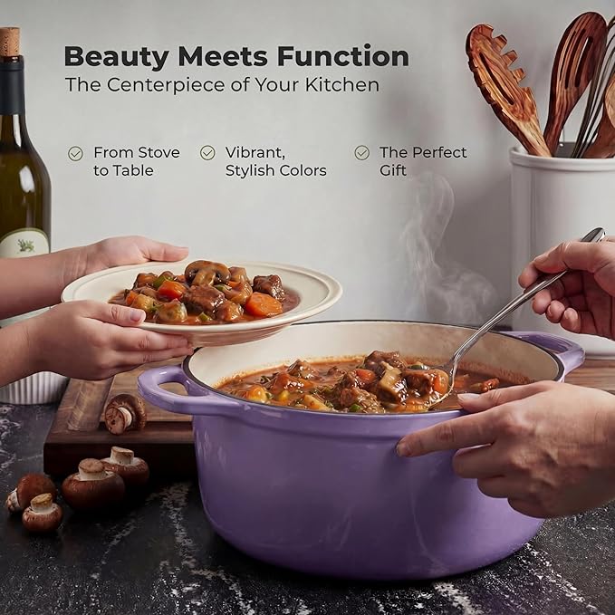 Zulay Kitchen 6 Quart Enameled Cast Iron Dutch Oven Pot with Lid – Premium Durability & Oven Safe up to 500°F – Heavy Duty Cookware Perfect for Bread Baking, Stews, Braising & Roasting – Lavender Jade