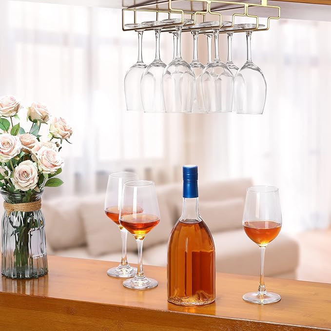 Wine Glass Rack Under Cabinet, Drilling Free No Screw Steamware Holder Under Shelf Metal Wine Glasses Holders 304 Stainless Steel Hanger Storage Organizer Hanging Glass Fit for Bar Kitchen 3 Rows Gold